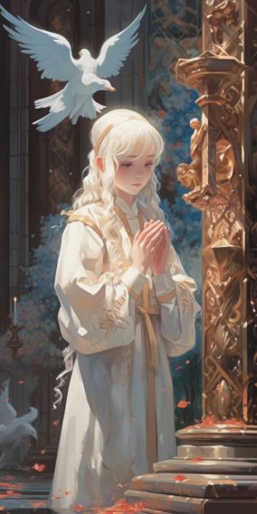 [V5] 穿着华丽宫廷风格服装的白发男孩在祈祷