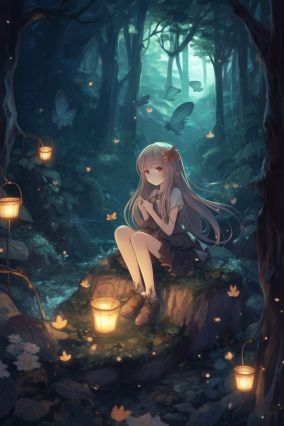 [V5] 动漫女孩坐在森林里
