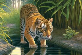 猫在清澈的溪流中看到老虎的倒影