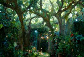 秘密花园长满了大橡树和童话般的灯光