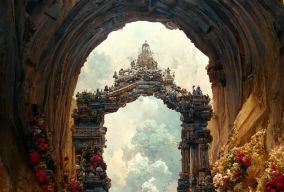 巨大的华丽雕刻的梦幻寺庙门