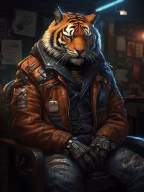 [V5] 生活在赛博朋克城市的一只胖乎乎但强壮的老虎