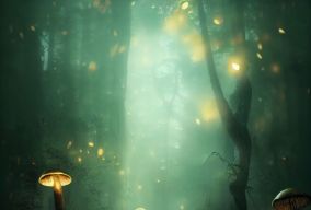 梦幻般的深森林和发光的巨大蘑菇