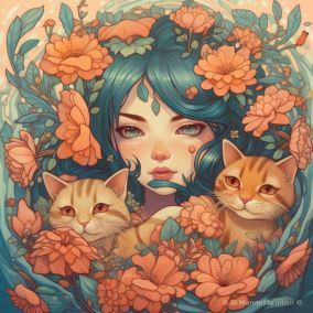 [V5] 女孩和猫被鲜花包围的画