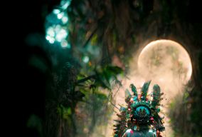 美丽的神奇的玛雅女神在丛林中穿行