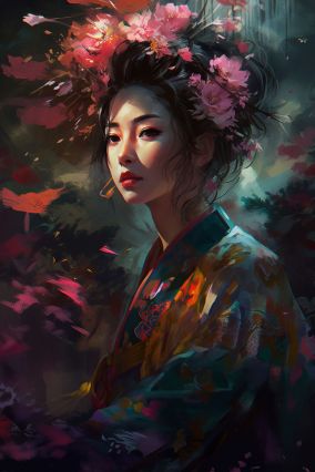 [V5] 肖像近景深穿着花朵和服的日本女人