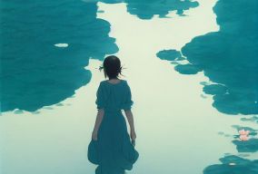 女人走在青色的水上