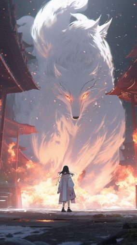 一个18岁的女孩站在一个巨大的美丽的白色狐狸面前