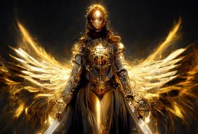 华丽的银色和金色盔甲的天使圣骑士