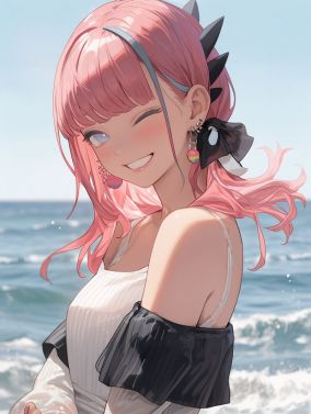 海边约会粉红头发侧尾的美少女