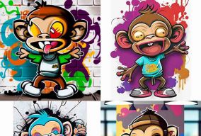 街头艺术涂鸦风格的彩色绘画快乐猴子