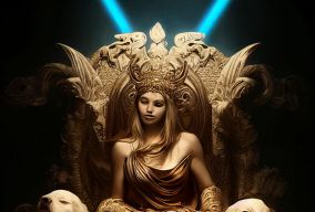 美丽的希腊女神坐在宝座上