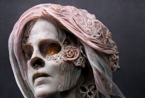 一个闭着眼睛的女人白色和玫瑰金大理石雕像