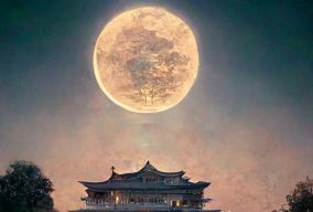 中国皇宫上空升起的巨大透明满月