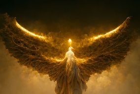 巴特尔天使独自站在火焰的翅膀上