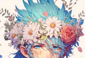 蓝色长发头戴鲜花的动漫男人