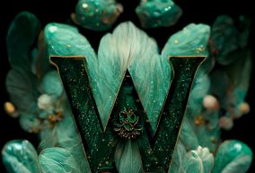 祖母绿字母“W”带有华丽的花卉和植物细节