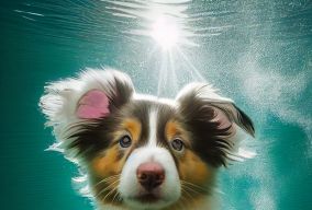 一个美丽的年轻澳大利亚牧羊犬幼犬的水下摄影