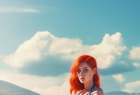 [V5] 红头发的年轻女孩站在山脉中