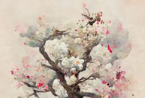 身穿白袍的长发女孩悲伤地站在樱花树下