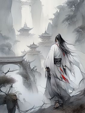 年轻的汉服男子在雾蒙蒙的中国风景中