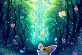 神奇的童话梦幻森林中可爱的柯基犬