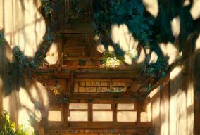一座古老的日本木屋的庭院
