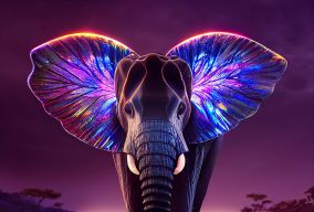 耳朵是五颜六色的彩虹翅膀的非洲象