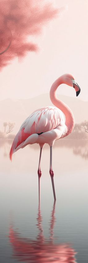 [V5] 一只美丽的粉红色火烈鸟站在平静的湖中