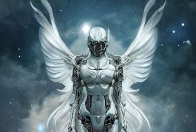 未来主义科幻有翼的机械人天使女神