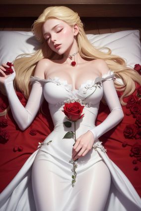 躺着的白色礼服金发玫瑰美女
