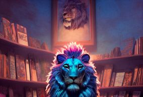 雄壮的蓝色花形狮子正在看书