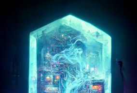 一个魔法黑客操作着一台水晶制成的石英电脑
