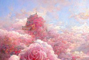 湖上的中国皇宫被粉红色的玫瑰云所包围