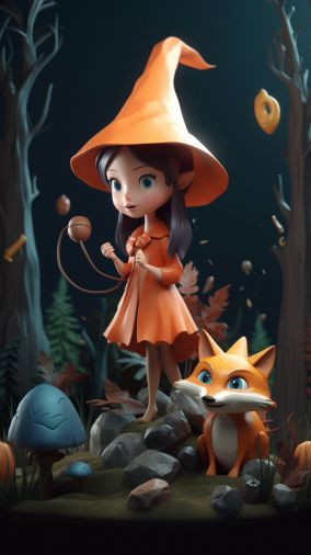 [V5] 穿着女巫服装的可爱女孩在森林里和一只狐狸玩耍