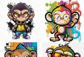 街头艺术涂鸦风格的彩色绘画快乐猴子