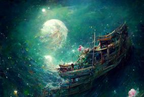 海盗船在深绿色的海水和粉色玫瑰