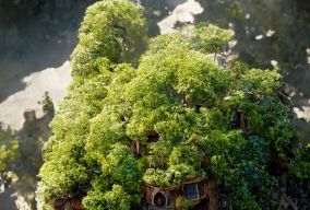 巨大的老树上建造童话般的树屋城市