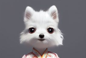 穿着中国唐朝服装的小白狗
