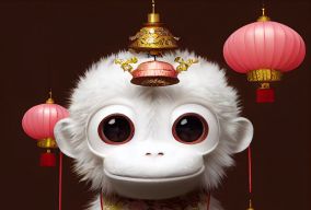 穿着中国唐朝服装的白色小猿猴
