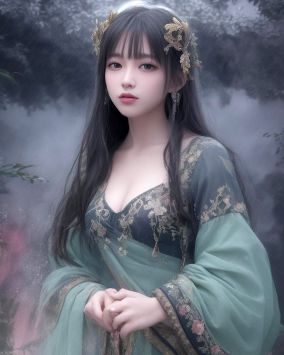 中国古风美女彩色水墨画