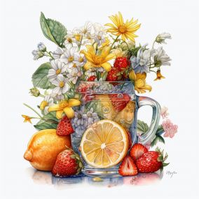 [V5] 水彩柠檬水花朵草莓和柠檬片