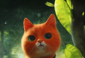 可爱的橙色猫在森林中玩一个芒果