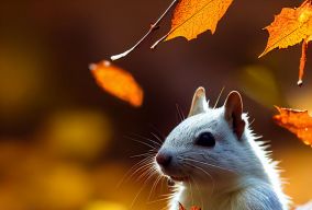 一只可爱的白色松鼠在一大堆秋叶中玩耍