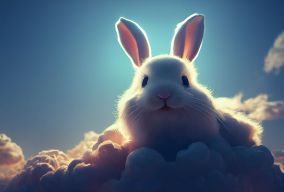一只可爱的兔子在云层中飞翔