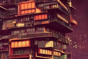 赛博朋克城市日式多层木制公寓