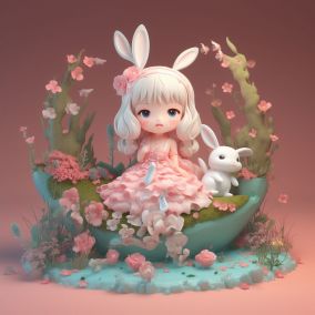 [V5] 小女孩坐在河边的草地上手里抱着一只小兔子