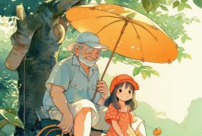 [V5] 老爷爷和可爱的小女孩抱着一只橙色的猫