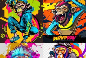 涂鸦艺术风格绘制的彩色绘画快乐猴子