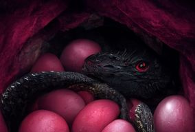 黑色和红宝石色的雌龙守护着洞穴中的蛋巢